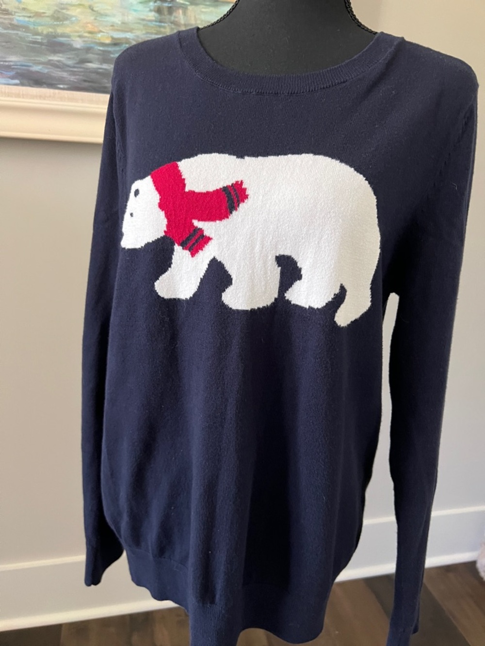 LOFT Navy Sweater with White Polar Bear and Red Scarf